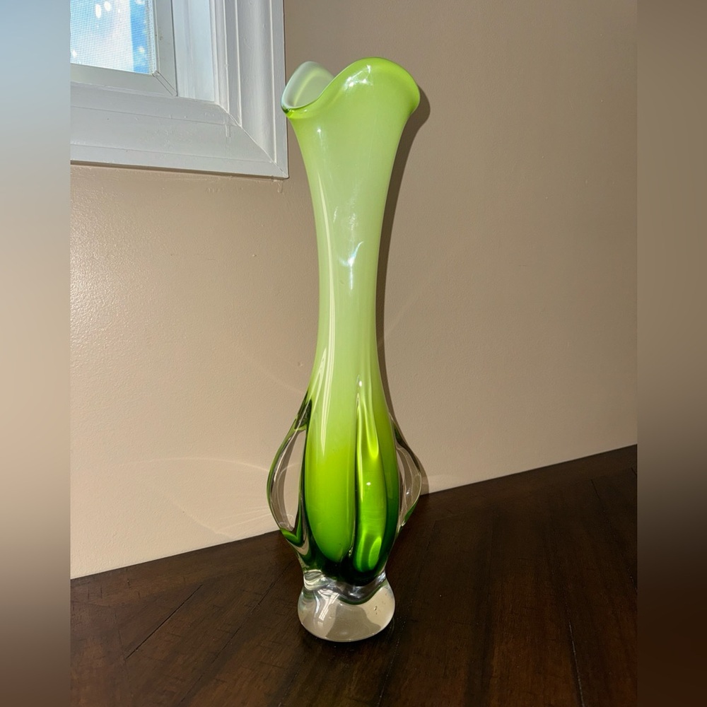 Sommerso Murano Art Glass Swung Vase M Green Vintage MCM 17” Heavy